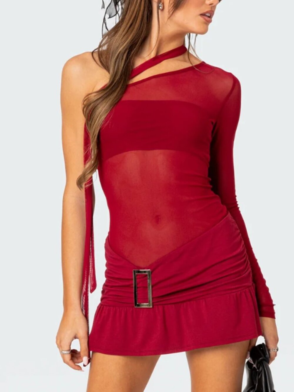 One Shoulder Sheer Mesh Mini Dress